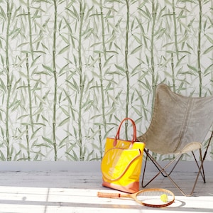 Peel and Stick Green Bamboo Wallpaper - Self Adhesive Watercolor Tropical Wall Decal - Temporary Jungle Wall Mural - Removable Decor CC025