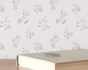 Neutral Farmhouse Floral Wallpaper – Beige Gray Botanical Cottagecore Peel and Stick Wall Mural CC369