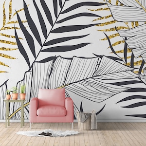 Tropical Palm Peel and Stick Wall Mural Wallpaper - Nature Leaves Self Adhesive Wall Decal - Black and White Floral Decor CCM013