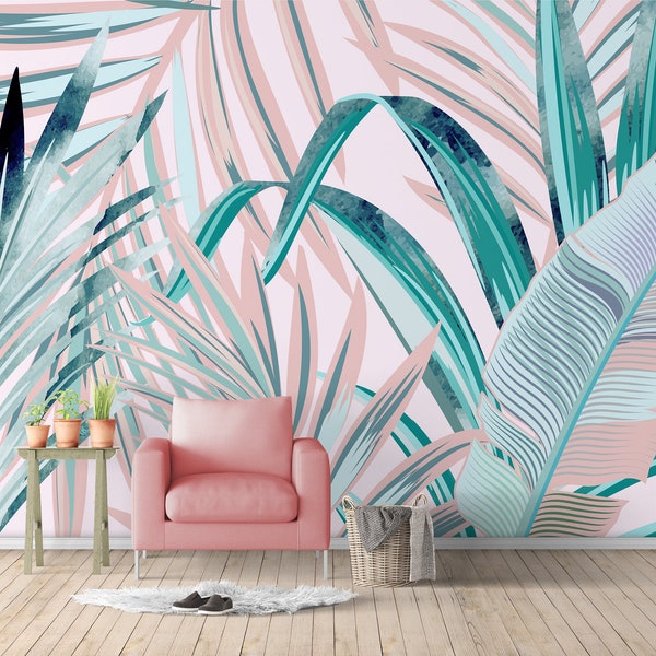 Tropical Banana Peel and Stick Wall Mural Wallpaper - Palm Leaves Self Adhesive Wall Decal - Green Pink Jungle Removable Decor CCM012