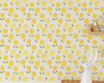 Floral Wallpaper with Yellow Marigold Flowers and Green Leaves CC152