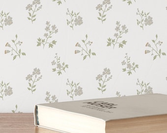 Green Farmhouse Floral Wallpaper – Neutral Botanical Cottagecore Peel and Stick Wall Mural CC368