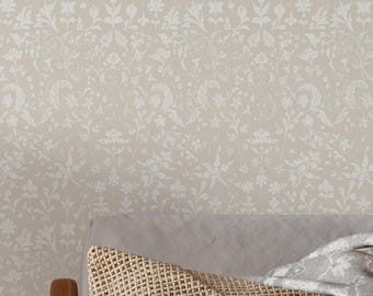 Beige Floral Toile Wallpaper – Neutral Botanical French Country Peel and Stick Wall Mural CC366