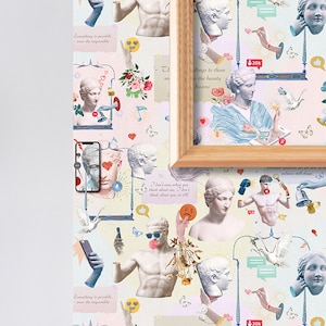 May include: A framed artwork featuring a repeating pattern of classical sculptures, smartphones, and floral elements on a light background. The artwork includes text and is accented with butterflies and musical notes. A clock is visible on the left.