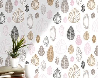 Scandinavian Removable Wallpaper - Geometric Tree Leaves Self Adhesive Decal - Pink Beige Minimalistic Fabric Paper - Peel and Stick CC150