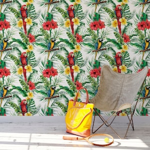 Tropical Parrot Peel and Stick Wallpaper - Self Adhesive Green Palm Leaves Temporary Decal - Removable Jungle Flowers Fabric Paper CC041