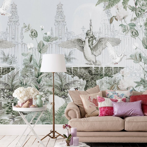Baroque Victorian Retro Wall Mural Wallpaper -  Antique Style Angel Damask Decal - Europe Luxury Scenic Vintage Peel and Stick Decor CCM070