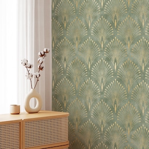 Carta da parati autoadesiva Art Déco verde oro - Decorazione murale di lusso rimovibile - Adesivo murale staccabile e attaccabile - Stampa vintage CC176