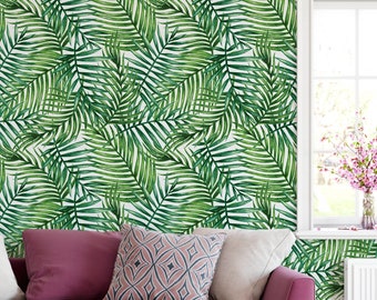 Temporary Watercolor Green Wallpaper - Self Adhesive Tropical Palm Decal - Banana Leaves Peel and Stick Decor - Removable Mural Decor CC162