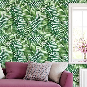 Watercolor Green Wallpaper - Tropical Palm Banana Leaves Peel and Stick Wall Mural CC162 image 1