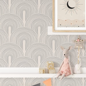 Boho Waves Self Adhesive Wallpaper - Neutral Peel and Stick Modern Style -  Scandinavian Beige Design Removable Temporary Wall Mural CC180
