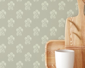 Sage Green Vintage Floral Wallpaper – Neutral Botanical Cottagecore Peel and Stick Wall Mural CC373