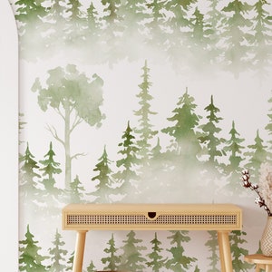 Green Watercolor Forest Wallpaper -  Woodland Pine Trees Misty Landscape Nursery Wall Mural CC261