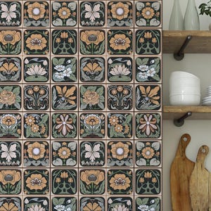 Retro Tile Wallpaper – Vintage Floral Mediterranean Mustard Brown Kitchen Backsplash Wall Mural CC315