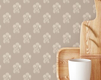 Taupe Vintage Floral Wallpaper – Neutral Botanical Cottagecore Peel and Stick Wall Mural CC372