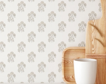 Beige Vintage Floral Wallpaper – Neutral Botanical Cottagecore Peel and Stick Wall Mural CC371