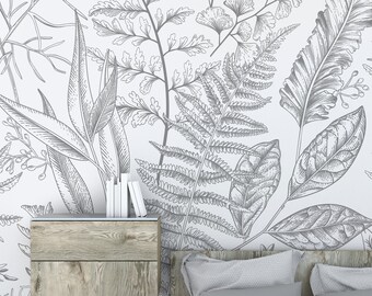 Black White Botanical Line Art Wall Mural - Fern Leaves Peel and Stick Wallpaper CCM083