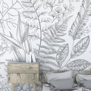 Botanical Removable Wall Mural Wallpaper - Floral Self Adhesive Decor - Peel and Stick Leaves Wallpaper - Gray Fern Temporary Decal CCM083