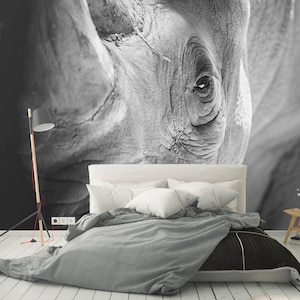 Close Up Rhino Self Adhesive Wall Decal - Removable Wall Mural  - Black and White Peel and Stick Wallpaper- Photo Wild Animal Print CCM005
