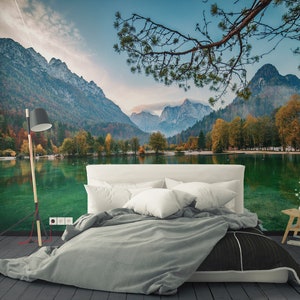Mountain Lake Peel and Stick Wall Mural -  Authentic Landscape Self Adhesive Decal - Photo Nature Removable  Wallpaper CCM032