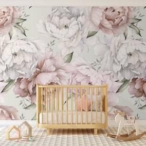 White Pink Peony Peel and Stick Wall Mural Wallpaper- Watercolor Floral Self Adhesive Decal - Large Flower Decor Removable Wallpaper CCM027