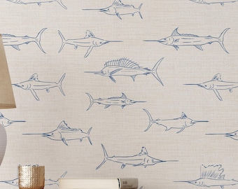 Navy Blue Marlin Fish Wallpaper - Neutral Beige Coastal Nautical Peel and Stick Wall Mural CC365