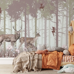 Misty Forest Removable Wall Mural - Peel and Stick Animal Deer Print - Self Adhesive Fairy Decal - Temporary Woodland Wallpaper CCM018