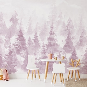 Nursery Wall Mural Watercolor Forest Removable - Peel and Stick Kids Pink Purple Decal - Woodland Scenic Self Adhesive Wallpaper CCM112