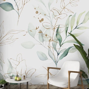 Watercolor Eucalyptus Leaves Wallpaper – Sage Green Faux Gold Line Art Wall Mural - Botanical Boho CC227
