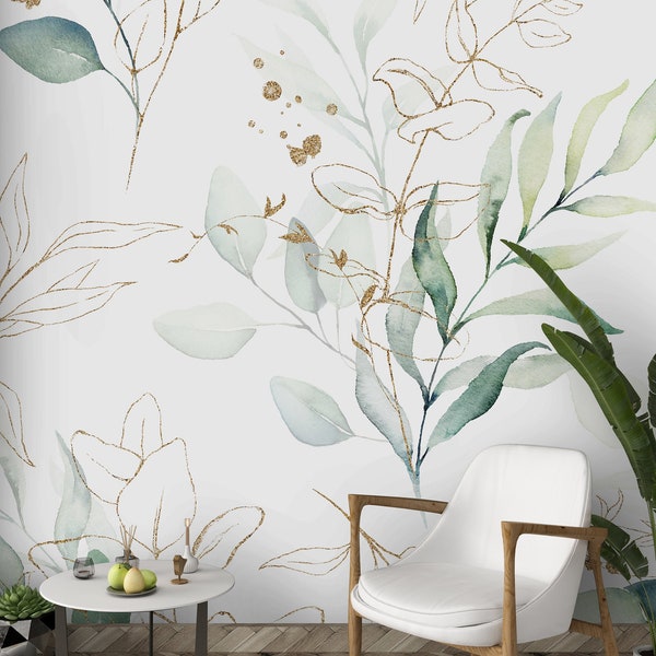 Watercolor Eucalyptus Leaves Wallpaper – Sage Green Faux Gold Line Art Wall Mural - Botanical Boho CC227