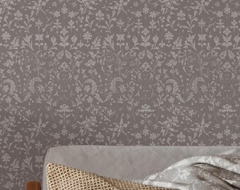 Taupe Floral Toile Wallpaper – Neutral Botanical French Country Peel and Stick Wall Mural CC367