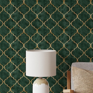 Dark Green Faux Gold Art Deco Wallpaper - Emerald Moroccan Geometric Wall Mural CC332