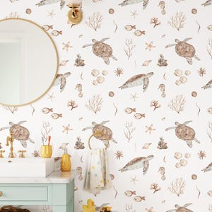 Sea Turtle Peel and Stick Nursery Wallpaper - Coastal Nautical Beige Ocean Wall Mural CC355