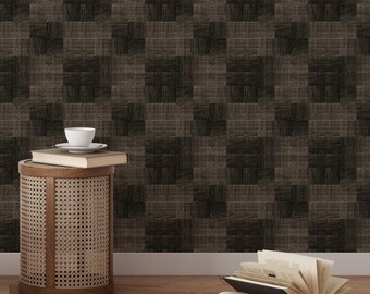 Dark Brown Checkered Abstract Pattern Wallpaper - Retro Vintage Faux Grasscloth Wall Mural CG026