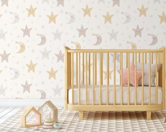 Moon and Stars Nursery Toddler Wallpaper - Night Sky Removable Wall Mural Decor - Kids Room Peel and Stick - Celestial Decal CC145