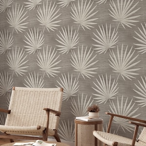 Beige Palm Leaves Tropical Style Wallpaper - Jungle Retro Vintage Faux Grasscloth Wall Mural CG012