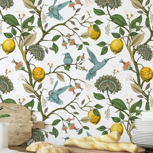 Vintage Hummingbird Lemon Wallpaper - Botanical Citrus Birds Peel and Stick Chinoiserie Wall Mural CC250