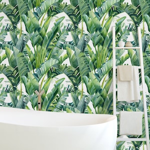 Temporary Watercolor Green Leaves Wallpaper -Self Adhesive Tropical Palm Decal - Banana Leaf Peel and Stick Decor -Removable Wallpaper CC247