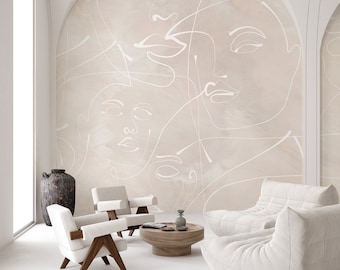 Beige Abstract Female Face Peel and Stick Wall Mural - Self Adhesive Neutral Line Art - Spa Beauty Studio Salon Removable Wallpaper CCM144