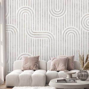 Beige Gray Abstract Line Self Adhesive Wall Mural - Boho Style Peel and Stick Wall Decal - Scandinavian Neutral Removable Wallpaper CCM147