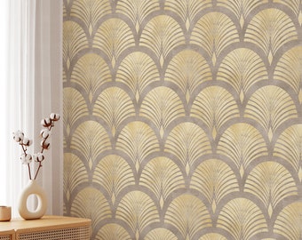 Geometric Scallop Wallpaper in Beige Faux Gold Art Deco Style CC179