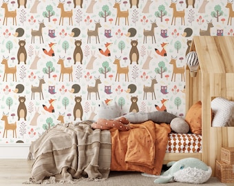 Forest Animals Removable Wallpaper - Nursery Woodland Self Adhesive  - Kids Room Peel and Stick Fabric Wall Decal -  Bear Owl Print CC135