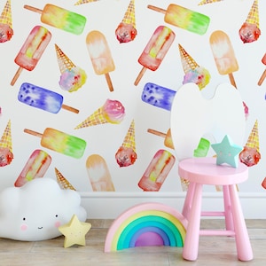 Removable Ice Cream Wallpaper - Colorful Peel and Stick Wall Fabric - Ice Juice Funny Decal - Blue Yellow Red Green Pink Self Adhesive CC048