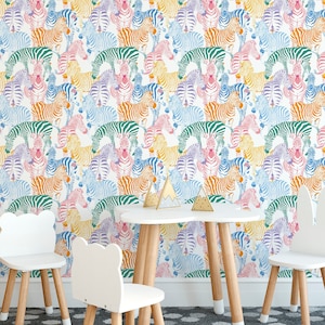Colorful Zebra Peel and Stick Fabric Wallpaper - Removable Animal Print Kids Wall Decal - Self Adhesive Temporary Wall Mural CC291