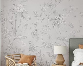 Gray Vintage Garden Wallpaper - Neutral Botanical Floral Wall Mural - Retro Toile Flowers Chinoiserie CG005