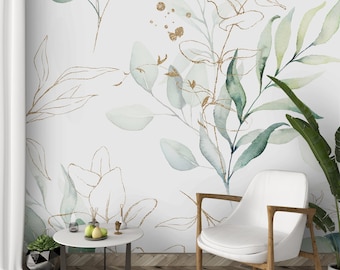 Green Eucalyptus Leaf Peel and Stick Wallpaper - Leaves Branches Removable Wall Decal - Boho Watercolor Floral Botanical Self Adhesive CC227