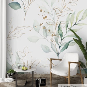 Green Eucalyptus Leaf Peel and Stick Wallpaper - Leaves Branches Removable Wall Decal - Boho Watercolor Floral Botanical Self Adhesive CC227