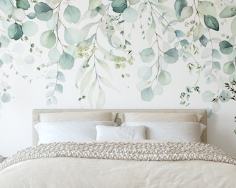 Sage Green Eucalyptus Leaves Wall Mural - Peel and Stick Boho Greenery Botanical Wallpaper CCM135