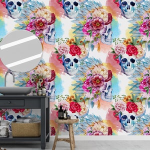 Colorful Watercolor Floral Skulls Self Adhesive Wallpaper - Pink Red Blue Flowers Removable Wall Paper - Peel and Stick Floral Mural CC100