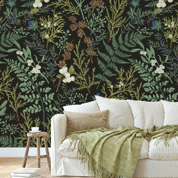 Wild Florals and Fern Peel and Stick Wall Mural - Dark Greenery Self Adhesive Wallpaper - Removable Decor -Temporary Botanical Decal CCM123